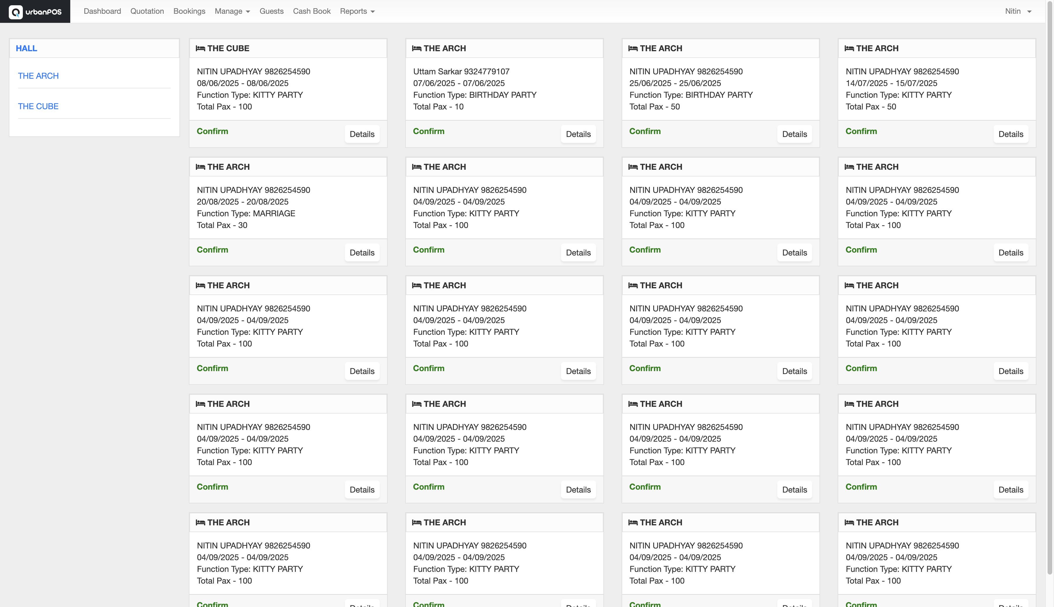 urbanPOS Banquet Management Interface