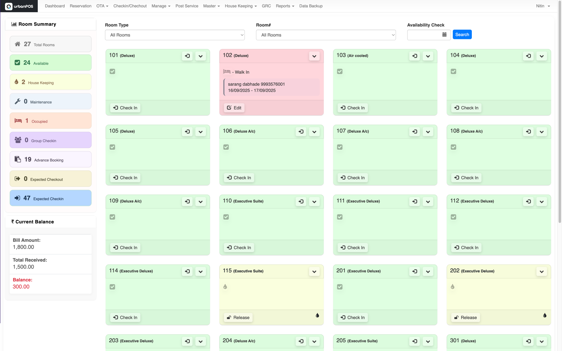 urbanPOS Hotel Management Interface